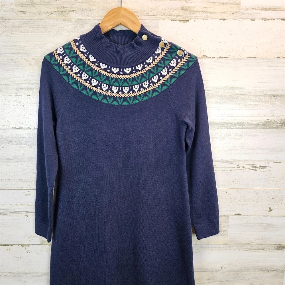 Talbots Petite Fair Isle Sweater Dress Navy Mock Neck Button Detail SP Holiday